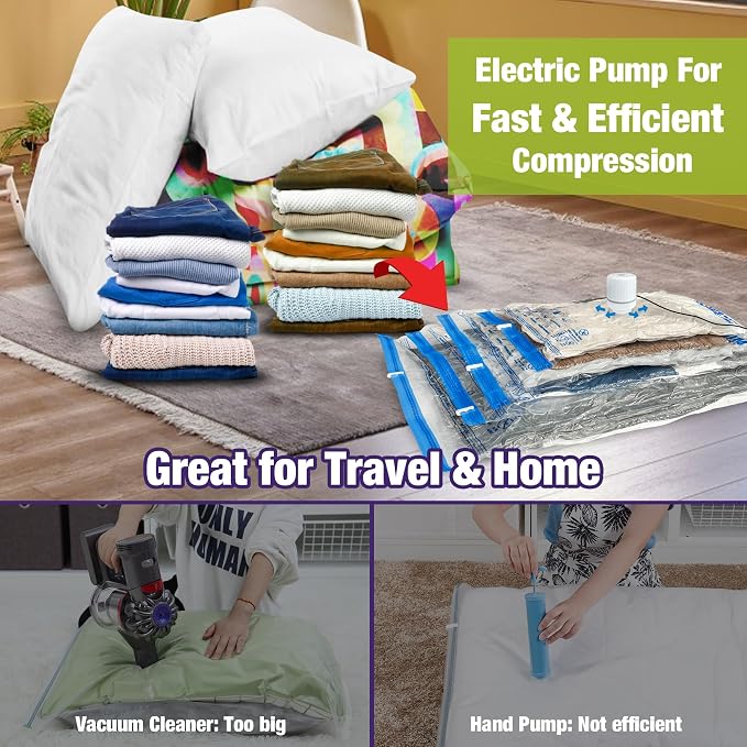 HIBAG Vacuum Storage Bags with Electric Pump, Vacuum Seal Bags for Clothing, Pillows, Blanket Bedding Comforters, 20 pack - Image 3