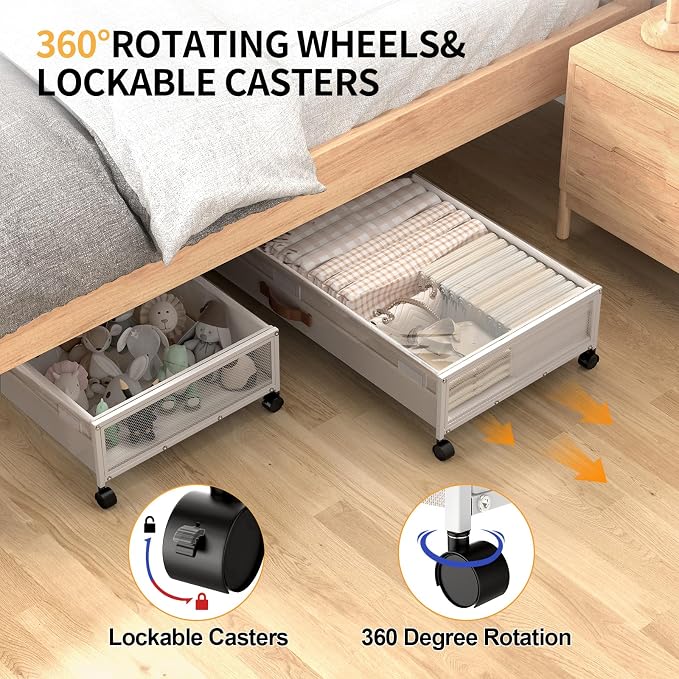 Under Bed Storage Containers with Wheels Large Underbed Shoes Blankets Clothes Toy Storage Drawers for College Dorms Bedrooms Nursery Rooms Organization (White 2 Pack, 7.5in height(36"x16.6"x7.48")) - Image 3