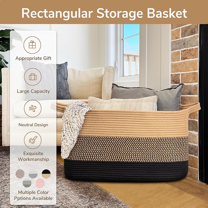 Goodpick Large Woven Blanket Basket, Rectangle, Black Jute, 75L - Image 7