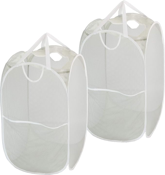 Simple Houseware Mesh Pop-Up Laundry Hamper with Side Pocket, 2 Pack, Gray - Image 2
