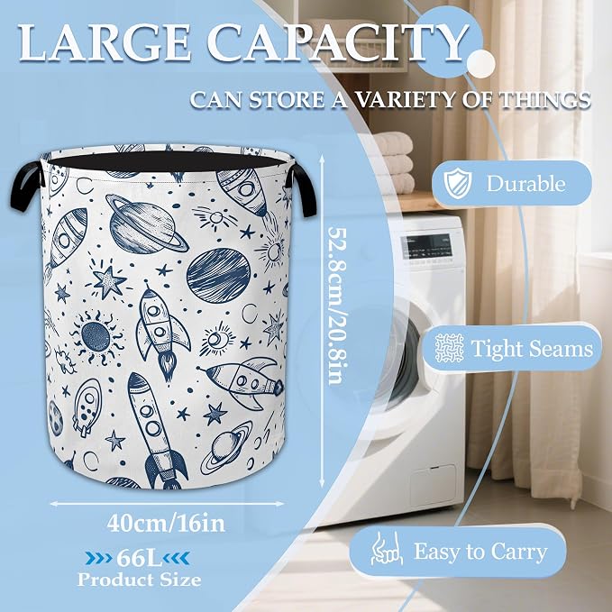 Vintage Planet Rocket Laundry Basket Collapsible Laundry Hamper Clothes Storage Bin for Bathroom Bedroom Room Decor 16" X 20.8" - Image 2