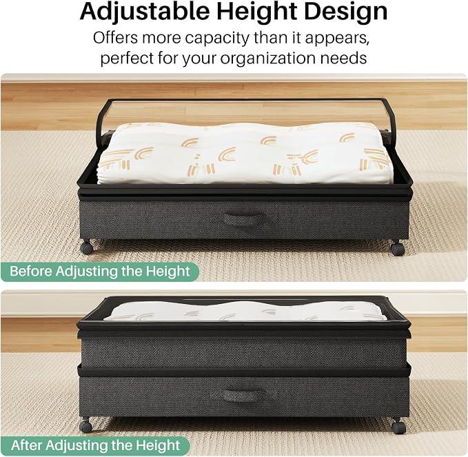 Kitstorack 4 Pack Height-adjustable Under Bed Storage with Wheels, Under Bed Storage Containers,Under Bed Shoe Storage Organizer with Clear Window&Label, Suitable for Clothes Storage, Black - Image 6