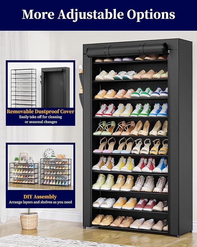 Kitsure 10-Tier Shoe Rack with Cover, Vertical Shelf, 33.6" Wide, Black | Space Saving Shoe Storage with Side Pocket, Shoe Organizer for Closet, Entryway, Bedroom, Zapateras Organizer - Image 3