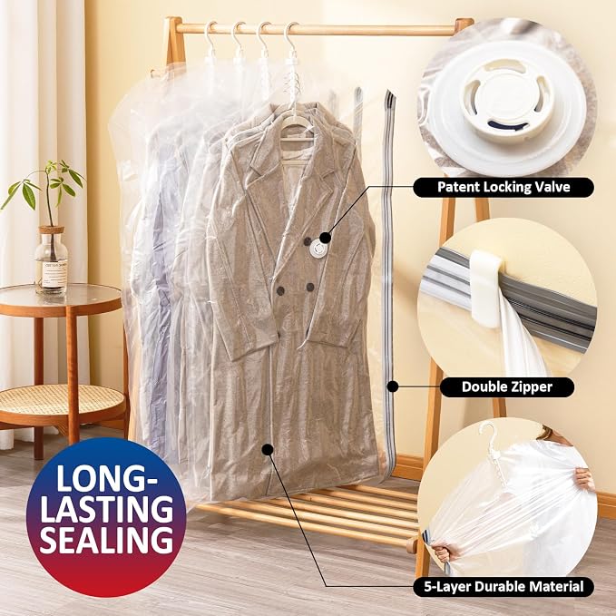 Hanging Vacuum Storage Bags, Space Saver for Clothing, 6 Long with Pump | Vacuum Seal Bags for Clothing with Electric Pump, Hanging Garment Storage for Jackets, Suit, Dresses, Winter Closet Organizer - Image 4