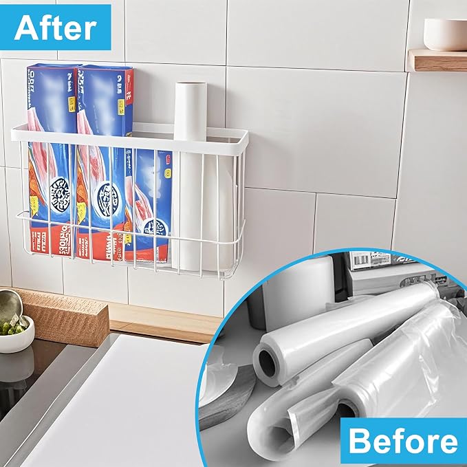 Cabinet Door Organizer 3Pcs, Foil and Plastic Wrap Organizer with 2 Sponges, Cabinet Door Storage with 3 Caddy Adhesive, for Aluminum Foil, Plastic Wrap, Wool Dryer Balls, White,(Small, Medium, Large) - Image 9