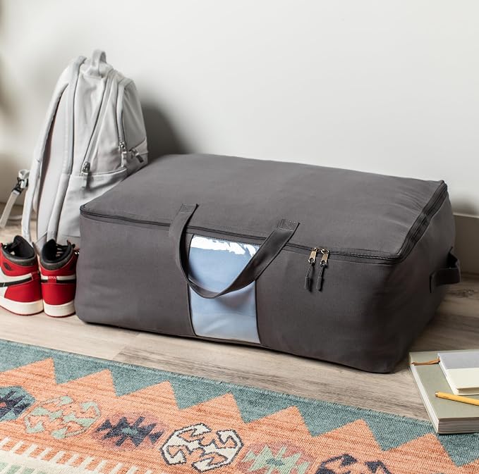 Soft Canvas Storage Bags with Zipper. Thick Breathable, 1pc King/Queen Comforter Organizer. Four Carrying Handles and Window. Large 25x19x9in Bag for Sheets Blankets Bedding Pillows, Clothes (Grey) - Image 8