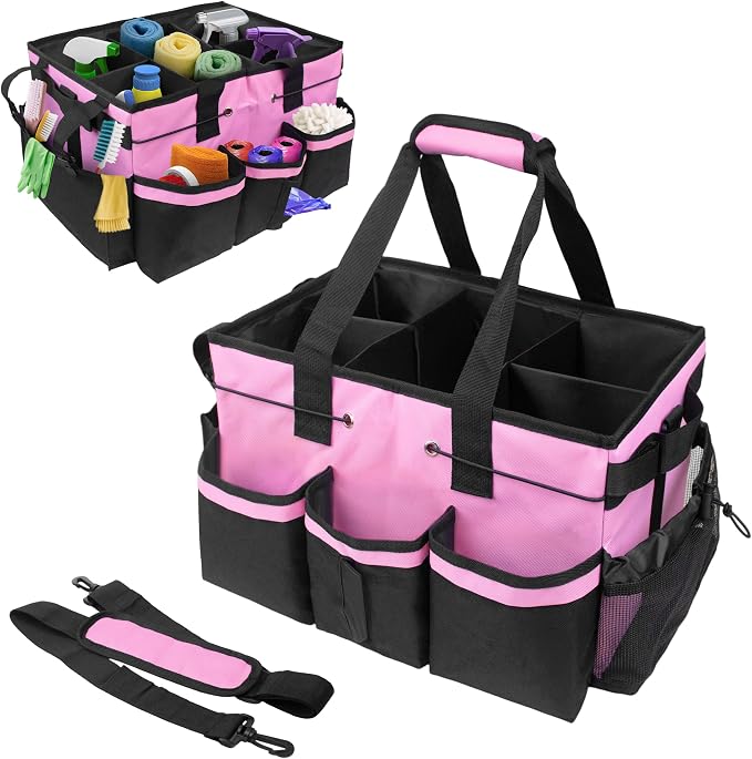 ZKOO Large Cleaning Caddy Bag with Handle, Built-in Sturdy Support Board, Adjustable Shoulder Strap, Multi-compartment Design Cleaning Supply Tote for Cleaners & Housekeepers (Pink) by ZKOO
