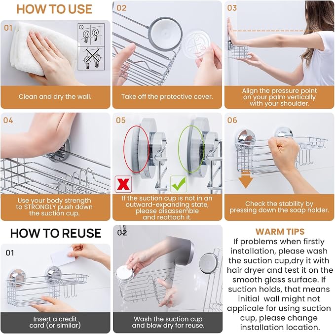 LEVERLOC Shower Caddy Suction Cup Shower Shelves Shower Holder，Silver - Image 8