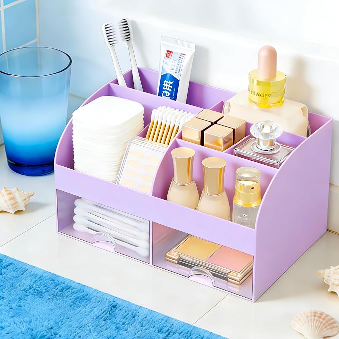 Makeup Organizer with 2 Drawers, Cosmetic Storage for Dresser Vanity and Bathroom Countertop,Make up organization and Skincare Storage with Beauty Brush Holder, Cosmetic Display Case (Purple) - Image 2