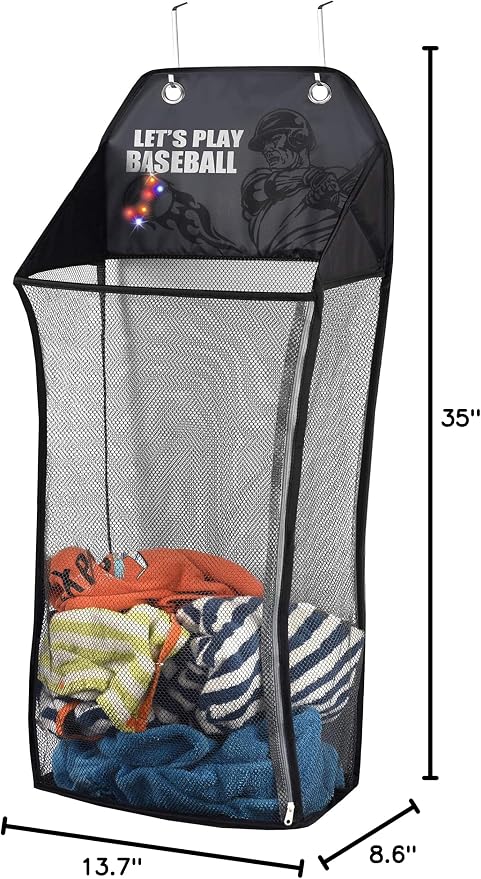 Store & Score Over The Door Hanging Kids Fun LED Baseball Light-Up Collapsible Mesh Laundry Hamper Basket, Toy Chest, Heavy Duty Metal Hooks Included. Patent Pending - Image 7