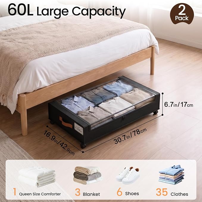Yecaye 60 L Under Bed Storage with Wheels, 2 Pack Under Bed Storage Containers with Clear Window & Label, Rolling Under bed Shoe Storage organizer for Clothes, Shoes, Black - Image 2