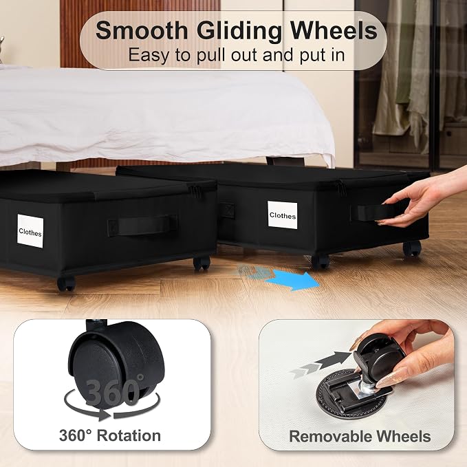 Vincona Under Bed Storage with Wheels, 2 Pack Under Bed Storage Containers with Label Holders for Clothes, Shoes and Blankets, Rolling Underbed Shoe Organizer with Cover, Black (23.6 x 15.7 x 7.28 in) - Image 2