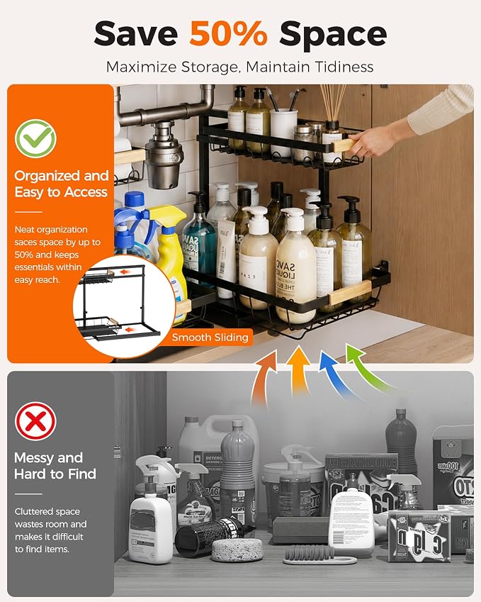 Sevenblue 2-Pack 2-Tier Height Adjustable Under Sink Organizer & Storage - Image 2