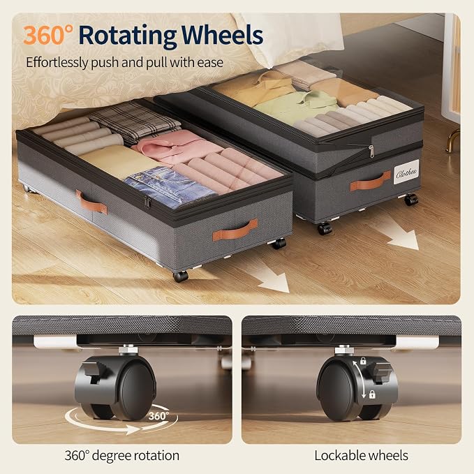 Yecaye 90L Under Bed Storage with Wheels, Height Adjustable, 2 Pack, Grey - Image 3