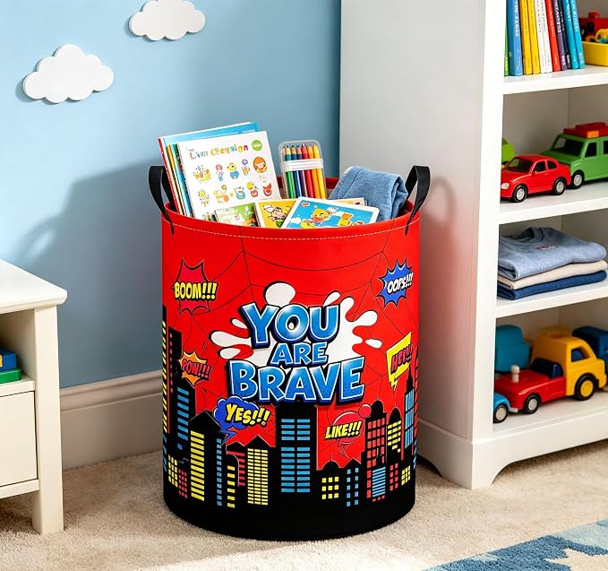 Baby Laundry Basket Baby Nursery Hamper Kids Laundry Basket Toy Storage Bin for Boys Room Decor Gift Baskets for Bedroom Bathroom(Red City) - Image 3