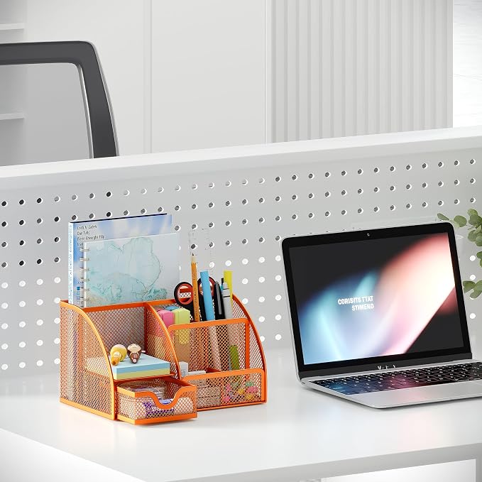 EasyPAG Mesh Desk Organizer with Drawer Multi-functional Pen Holder Stationery Organizer for Office School Supplies 6 Compartments Dorm Organizers and Storage for Desk, Orange - Image 5