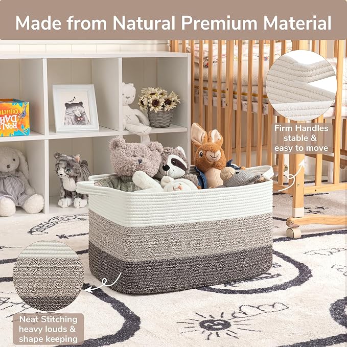 Goodpick Large Woven Rope Blanket Basket, Rectangle, White Brown - Image 6