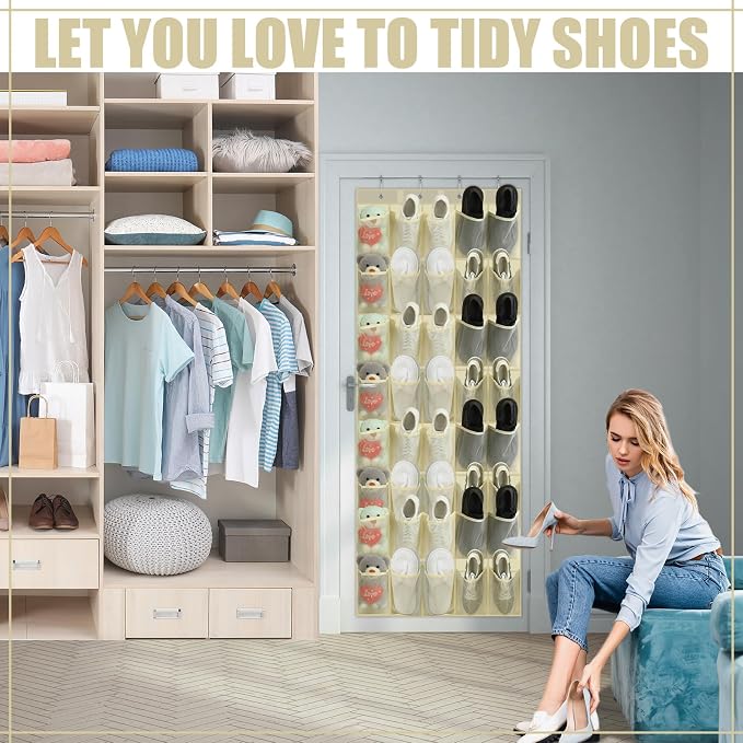 Windyun 1 Pcs 40 Pocket Over the Door Shoe Organizer Hang,Beige - Image 4