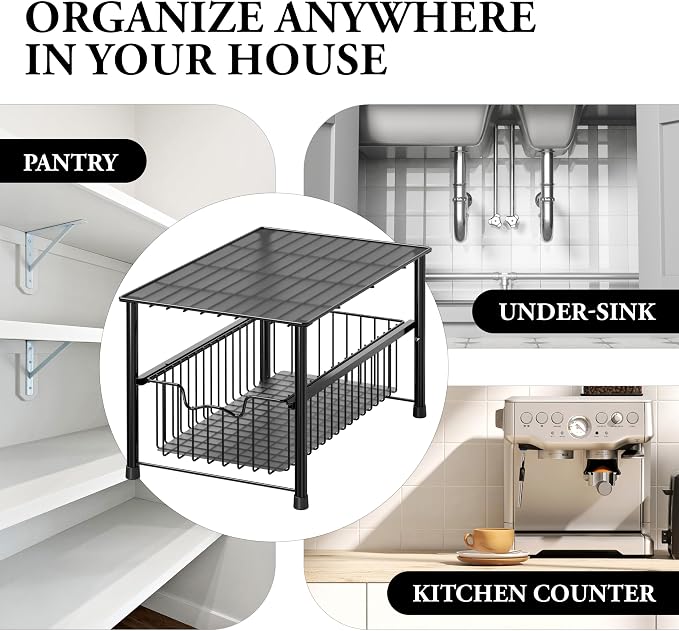 Simple Houseware Wired Stackable Under Sink Cabinet Sliding Basket, Black - Image 8