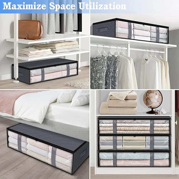 Under Bed Storage Containers, 4-Pack Large Capacity Underbed Storage Bags Organizer, Thick Fabric Storage Bins with Clear Window and Handles for Blanket, Comforter, Bedding, Clothes, Gray - Image 7