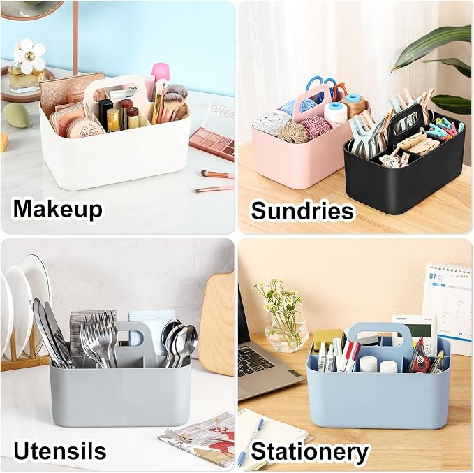Multiuse Caddy Organizer with Handle, Portable Divided Plastic Tote Bin - Art Craft, Stationary Pen Marker Crayons, Makeup Hair Supplies Storage - Bathroom, Classroom, Dorm, Office, Desk Holder -Black - Image 2