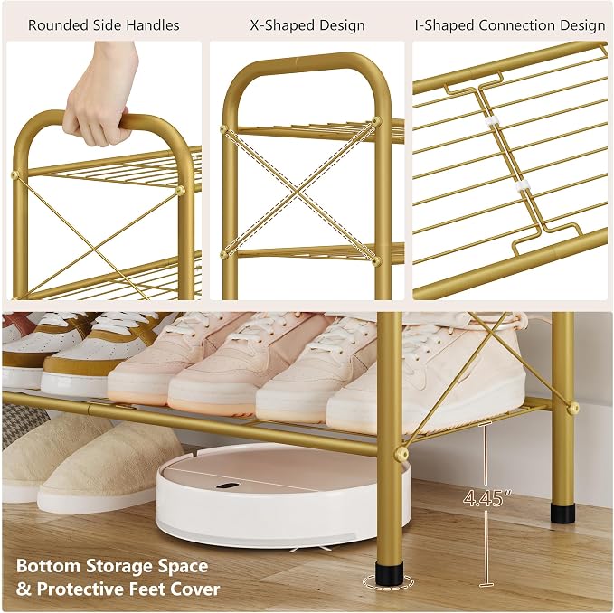 Hoctieon 3 Tier Mesh Style Shoe Rack, Entryway Shoe Shelf, Shoe Storage Organizer, Shoe Rack for Closet, Space Save for Bathroom, Garage, Hallway, Bedroom, Living Room, Gold - Image 6