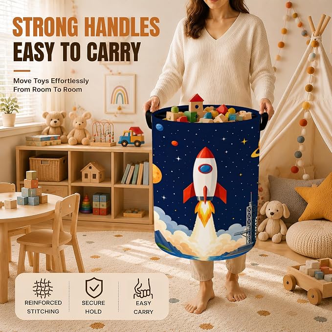 Cartoon Rocket Laundry Basket for Kids Room,Space Planets Foldable Oxford Hamper with Handles, Portable Clothes and Toy Storage Bucket Organizer for Bedroom Bathroom Dorm Laundry Room Decor - Image 4