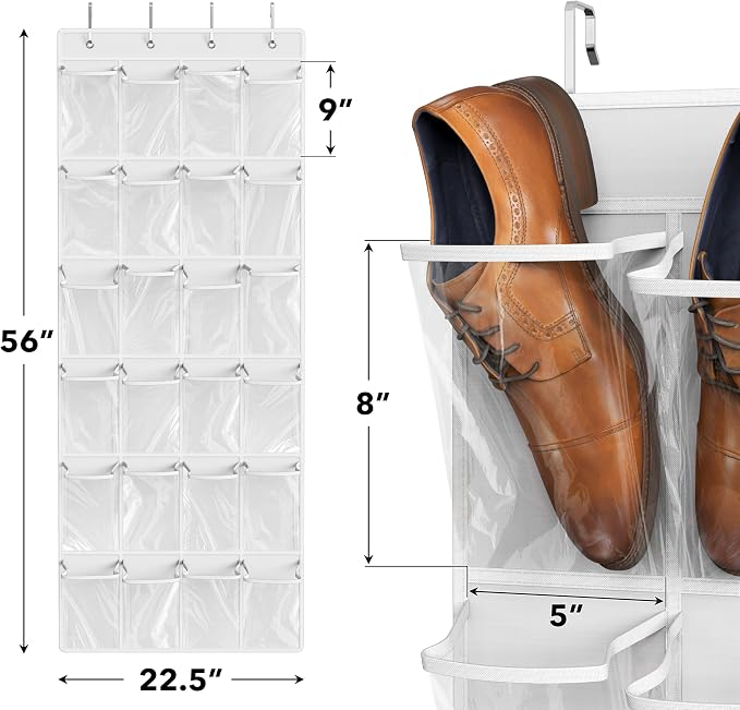 Simple Houseware 24 Pockets Large Clear Over the Door Shoe Organizer, White | 56" x 22.5", 4 Durable Metal Hooks, 5" x 9" Pocket Size, Multipurpose - Image 2