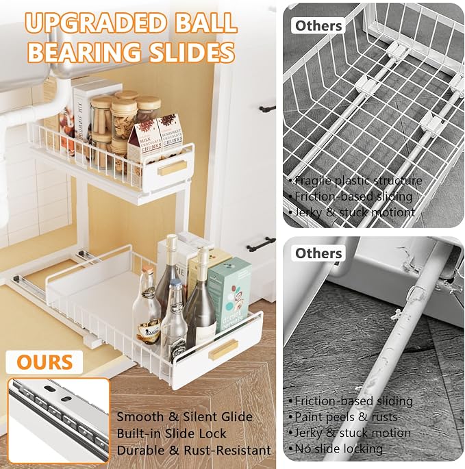 2 Pack Under Sink Organizer with Ball Bearing Sliding Drawer, Heavy Duty Pull Out Cabinet Organizer, 2 Tier Adjustable Storage Rack for Kitchen Bathroom, Space Saving Design, White - Image 2