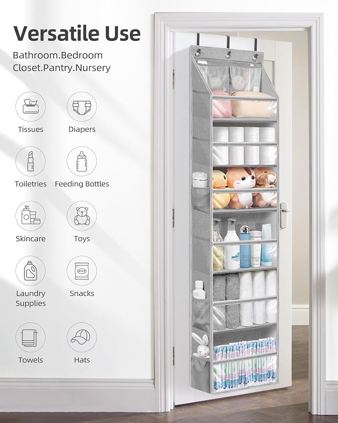 STORAGE MANIAC Over the Door Organizer 6-Shelf Closet Hanging Storage with 14 Mesh Pockets, 66lbs Capacity Clear Deep Pockets Behind Door Storage for Nursery, Bathroom, Bedroom, 1 Pack Grey - Image 6