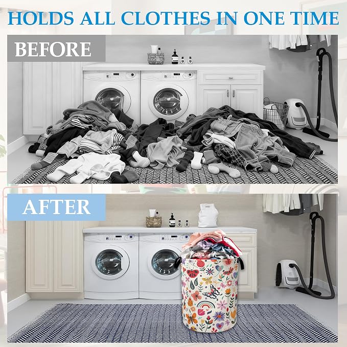 Colorful Butterfly Flowers Laundry Basket Collapsible Laundry Hamper Clothes Storage Bin for Bathroom Bedroom Room Decor 16" X 20.8" - Image 4