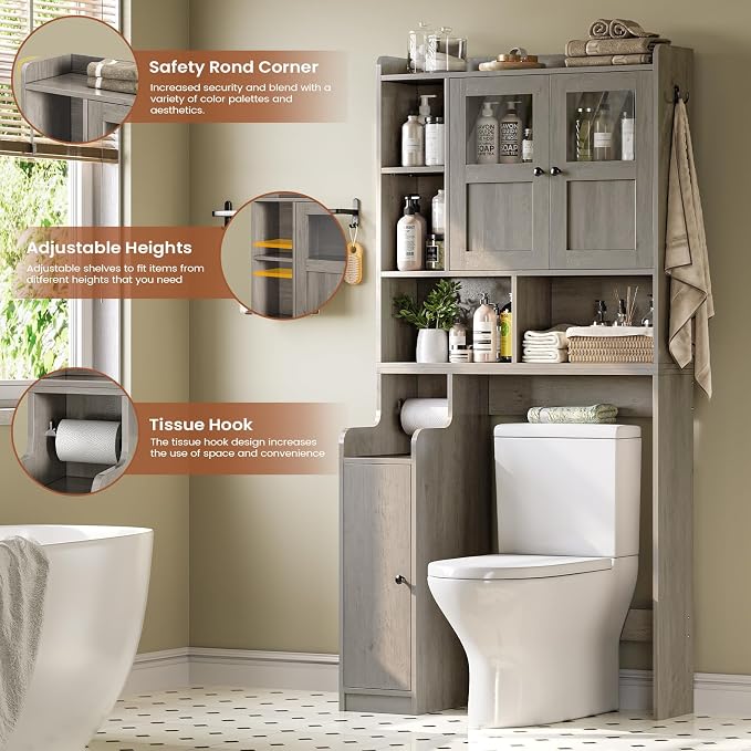 Itaar Over The Toilet Storage Cabinet, Over Toilet Bathroom Organizer with Glass Doors & Toilet Paper Holder Stand, Home Space-Saving Toilet Rack, for Bathroom, Restroom, Laundry, Grey - Image 9