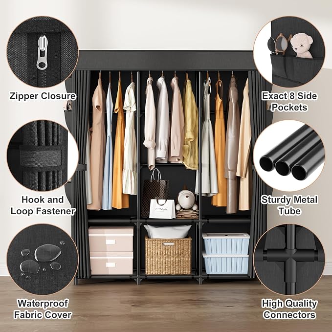 Wardrobe Closet Portable Closets for Hanging Clothes Large Capacity Clothes Rack with Cover, 3 Hanging Rods, 6 Shelves and 8 Pockets, Strong and Stable Free Standing Closet for Bedroom, Black - Image 4