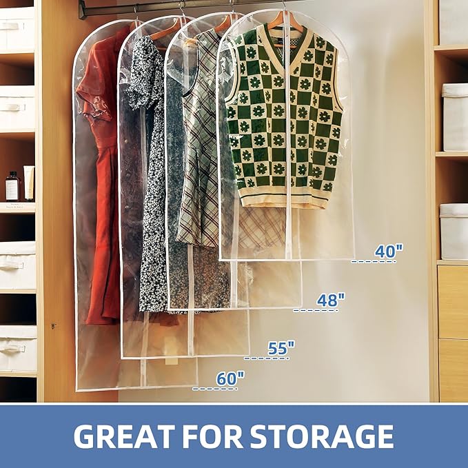 60" Dress Bags for Gowns, 12 Packs All Clear Garment Bags for Hanging Clothes, Plastic Waterproof Dress Cover with Zipper for Dresses, Coats, Uniforms (Set of 12) - Image 2