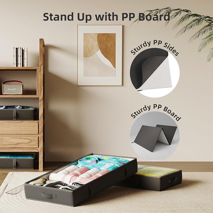 2-Pack Under Bed Storage Containers, 6 Inches Tall Clothes Storage, Black | High Side Collapsible Underbed Organizer Bin with Sturdy Sidewalls/Bottom, Cotton Linen Bins, For Seasonal Clothes & Bedding - Image 6
