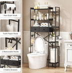 Quikraen 7-Tier Over the Toilet Storage Shelf, Large Bathroom Organizer with 2 Fabric Drawers, 4+3 Adjustable Side Shelves, Sturdy Freestanding Space Saver Rack with Hooks for Bedroom, Laundry, Black - Image 3