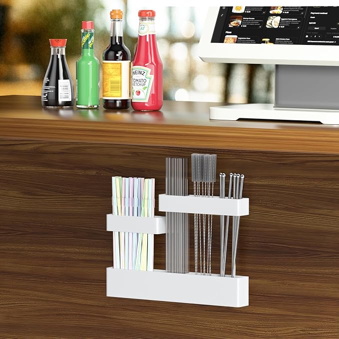 Acrylic Straw Organizer for Cabinet Door - 9.5'' Large White Adjustable 3-Part Reusable Drinking Straw Holder Dispenser Kitchen Accessories Container Cupboard Door Mounted - Image 8
