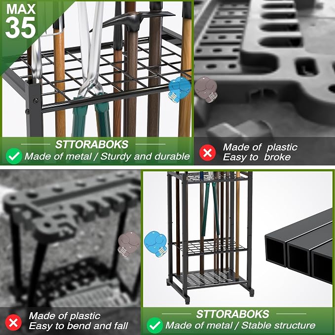 Garden Tool Organizer, Garage Tool Organizer & Garage Organization, Heavy Duty Steel Tool Storage Rack Holds 35 Rakes, Brooms Tools, Broom Holder and Mop Holder, Shed Organizer for Home Organization - Image 4