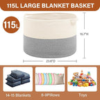 Foldable Laundry Hamper Basket with Collapsible Handle Cotton Rope Soft Woven Fabric Storage Organizer Clothes Toys Nursery Bedroom Dorm Space Saving Bin (White & Light Grey, 115L(23.6"D x 15.7"H)) - Image 6