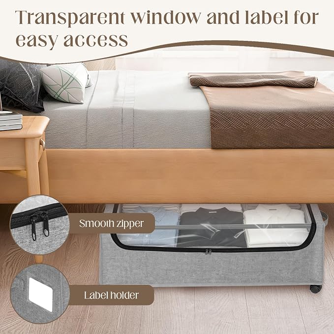 Under Bed Storage with Wheels, 2 Pack Under Bed Storage Containers, 10.6 inches Tall Underbed storage bins on Wheels, Rolling Under the Bed Metal Drawers for Clothes, Blankets, Shoes (XXXL, 90L) - Image 4