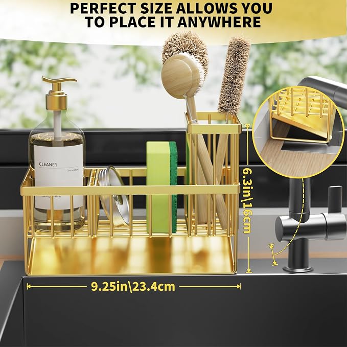 Cisily Gold Kitchen Sink Caddy Organzier with High Brush Holder, Sponge Holder for Sink, 304 Rustproof Stainless, Kitchen Countertop Soap Dispenser Organizer, Home Decor and Accessories - Image 2