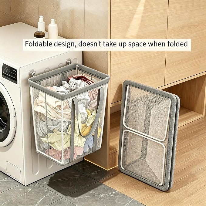 2 Pack Collapsible Laundry Hamper Mesh Laundry Caddy 64L Large Capacity - Image 6