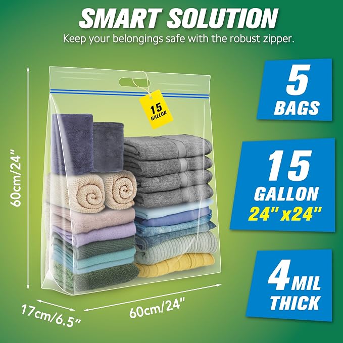 HIBAG 15 Gallon Large Storage Bags, 24” x 24” Resealable Clear Bags with Handle, Extra Large XL Heavy Duty for Clothes Pillow Travel Moving, Pack of 5 - Image 2