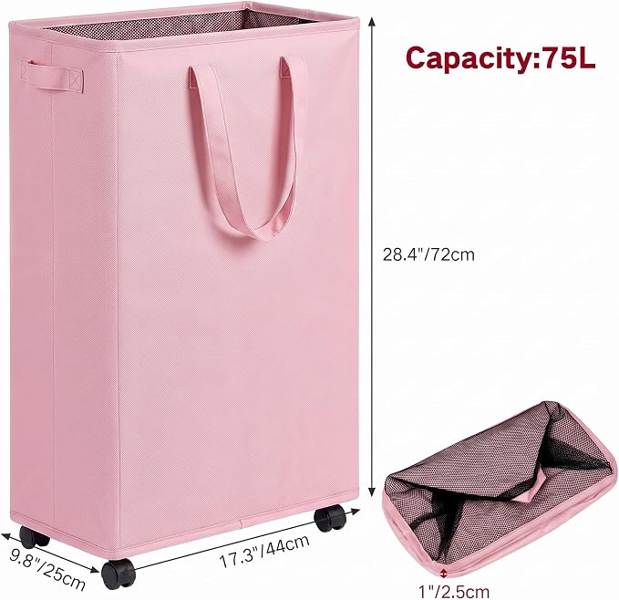 efluky Slim Laundry Hamper with Wheels, Rolling Laundry Basket for Clothes, Small Laundry Basket for Bedroom, Dorm and Laundry Room, 75L (19.8 Gallons) Pink - Image 2