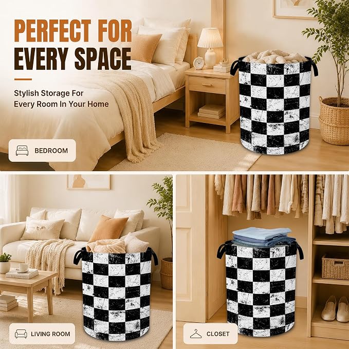 Black White Checkered Foldable Laundry Basket with Handles,Vintage Oxford Clothes Hamper, Portable Laundry Room Decor Storage Basket for Bedroom Bathroom Dorm,20.8x16 Inch - Image 7