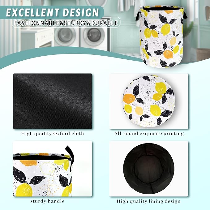 Lemons Laundry Hamper Boho Tropical Fruit Colorful Laundry Basket With Handles Foldable Oxford Cloth Tote Bag Clothes Toy Storage Bucket 18.9 x 16.5 Inch For Bathroom/Laundry/Bedroom - Image 4