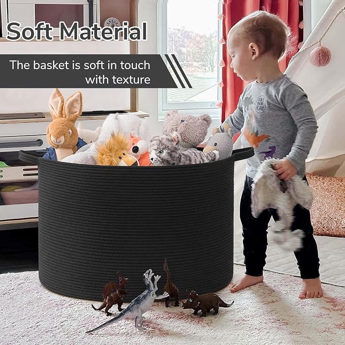 INDRESSME 115L Extra Large Woven Rope Blanket Basket Living Room, Black - Image 6