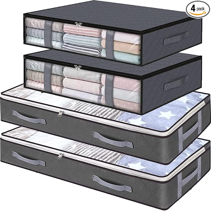 Under Bed Storage Containers, 4-Pack Large Capacity Underbed Storage Bags Organizer, Thick Fabric Storage Bins with Clear Window and Handles for Blanket, Comforter, Bedding, Clothes, Gray by ASANMEYO