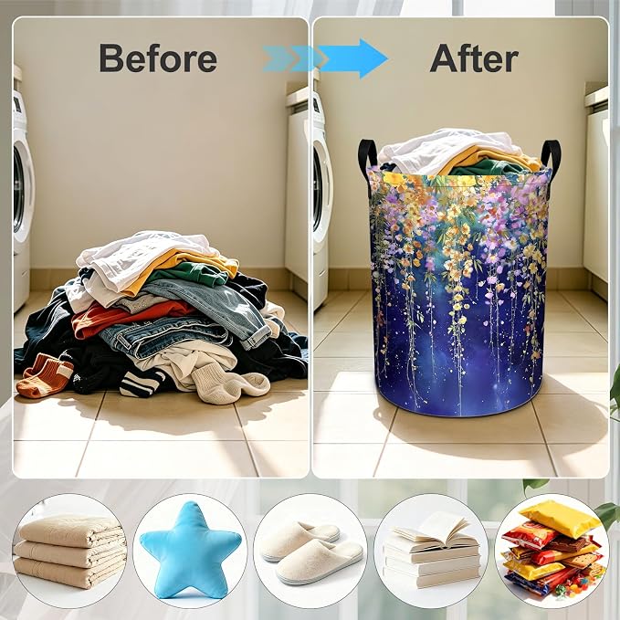 Flower Purple Laundry Basket Foldable Laundry Hamper With Handles Clothes Storage Bucket Organizer Laundry Bag For Bedroom Bathroom Laundry Storage 19.6 x 15.7 - Image 4