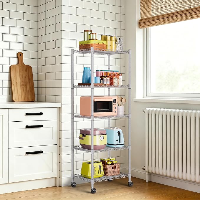 REGILLER 5-Wire Shelving Metal Storage Rack Adjustable Shelves,Standing Storage Shelf Units for Laundry Bathroom Kitchen Pantry Closet(Silver,11.8" D x 16.6" W x 53.5" H,With Wheels) - Image 2